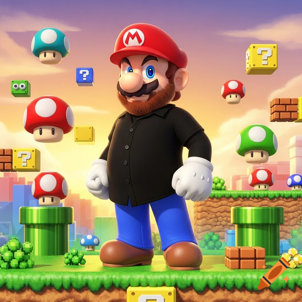 Mario with a beard and black shirt stands in a vibrant Super Mario Bros. level with mushrooms and blocks.