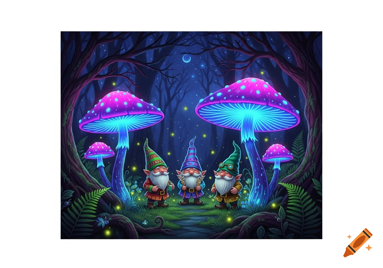 Three gnomes in colorful hats stand among glowing purple and blue mushrooms in a dark, magical forest at night.