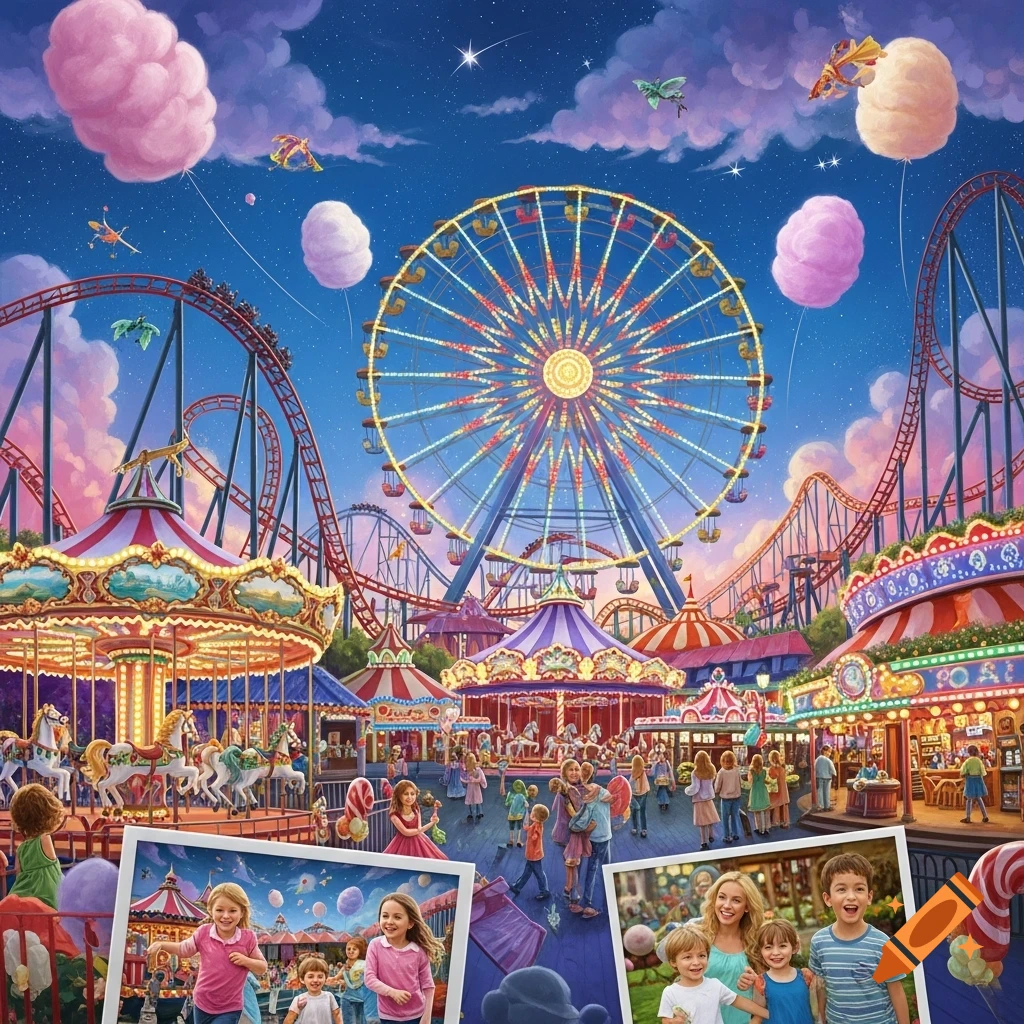 Vibrant illustration of a bustling amusement park at night with a lit-up Ferris wheel, roller coasters, carousels, and families.