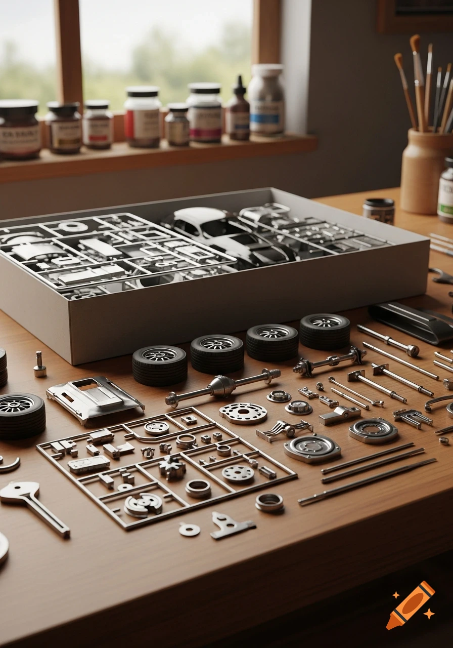 A close-up view of a model car kit laid out on a wooden table, featuring numerous small metallic parts, tires, and a white box with additional components. In the background, out of focus, are various paint jars on a windowsill.