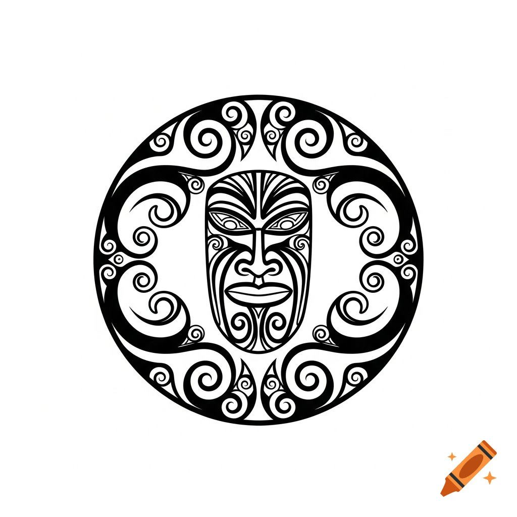 Black and white vector illustration of a stylized Maori mask (moko kauae) centered within a decorative circular koru pattern.