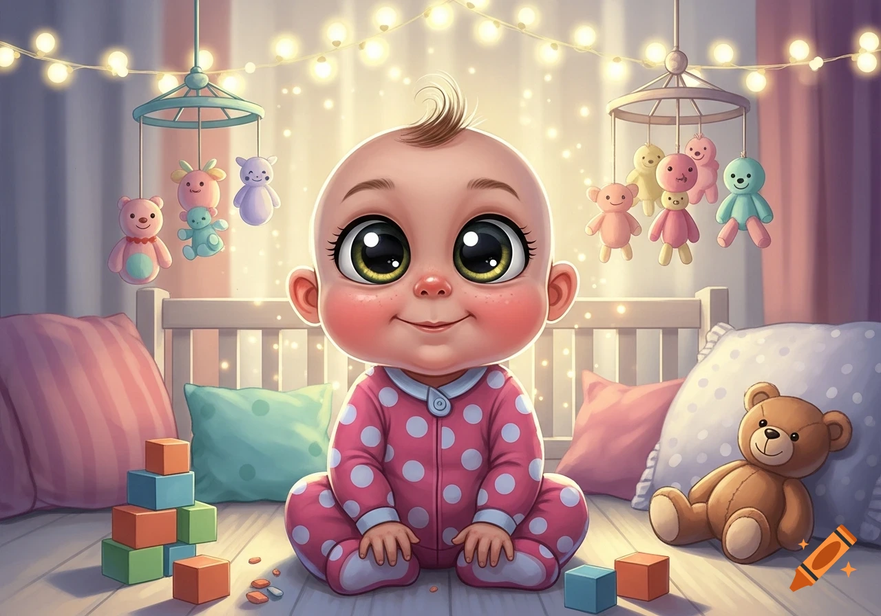 A cute, big-eyed cartoon baby in pink polka dot pajamas sits in a soft lit nursery with mobiles, building blocks, and a teddy bear.
