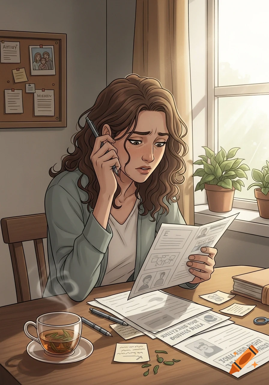 A distressed woman with curly brown hair sits at a table full of papers, holding a pen to her head, in an illustrative style.