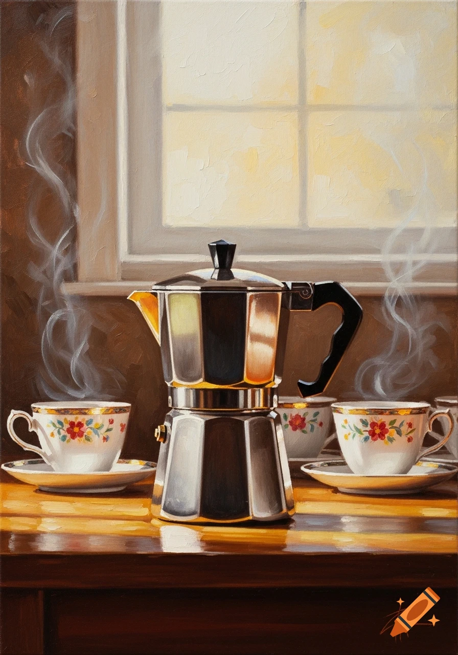 A still life painting of a steaming Moka pot and two floral teacups on a wooden table in front of a sunny window.
