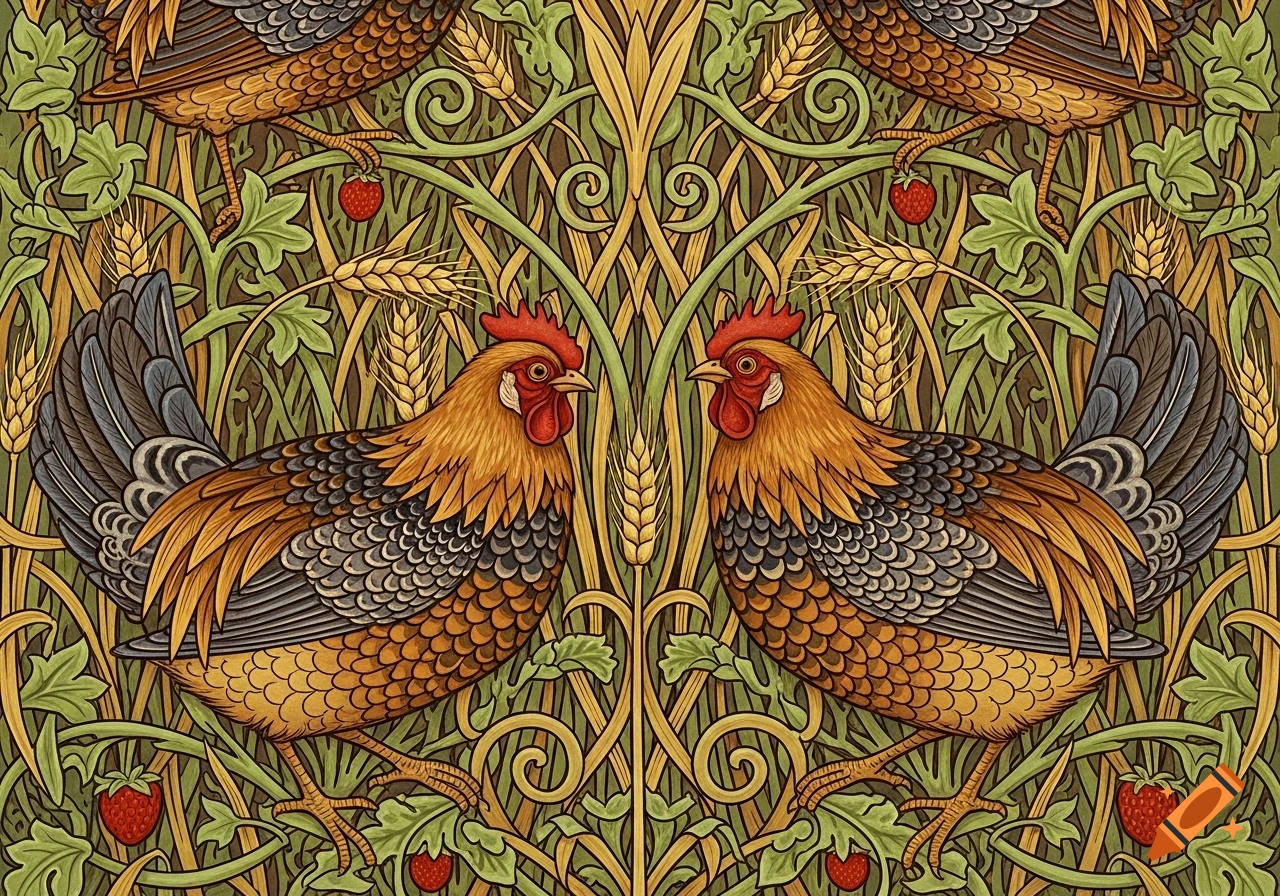 A symmetrical decorative pattern in William Morris style, featuring chickens, wheat, and strawberries amidst green foliage.