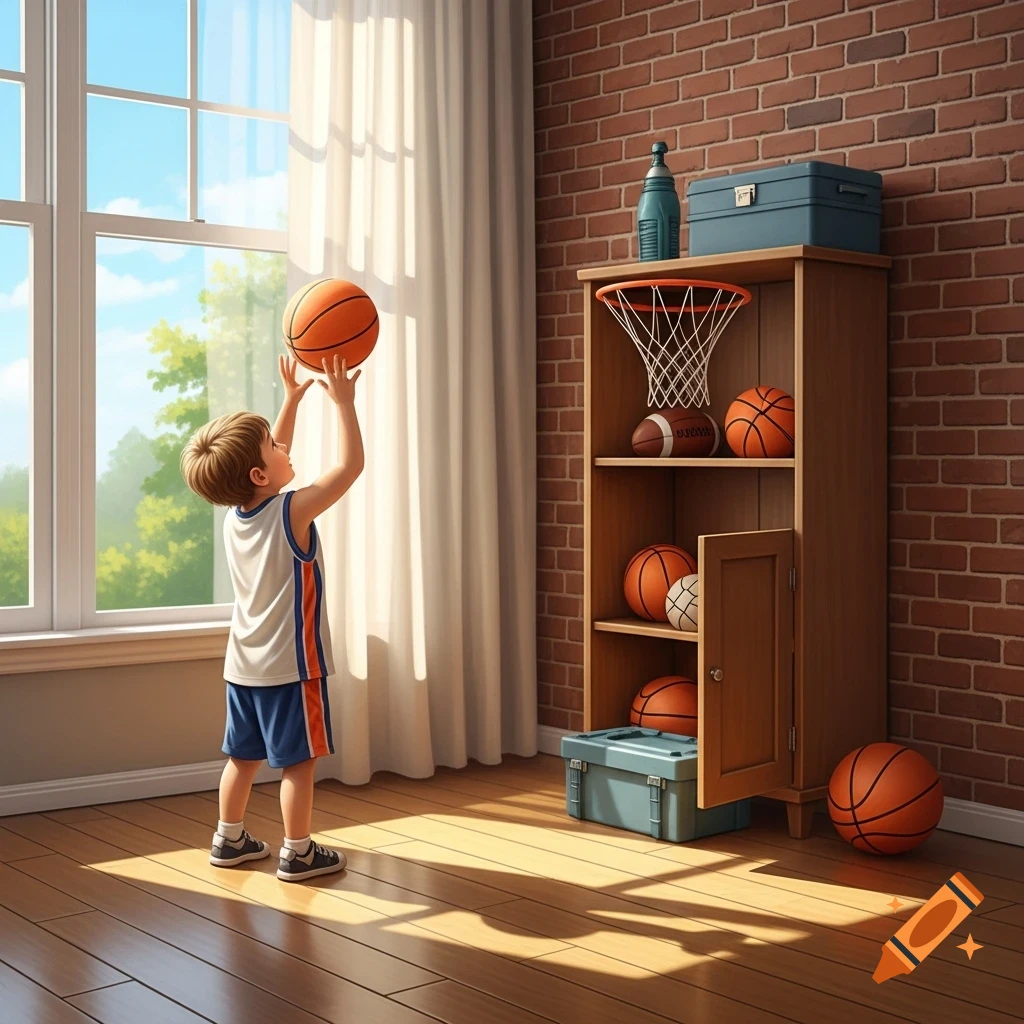 A young boy in a jersey shoots a basketball towards a hoop on a shelf in a brightly lit room with a brick wall.