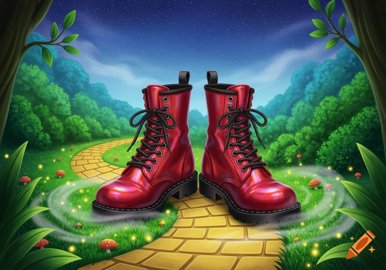 Two shiny red combat boots stand on a yellow brick road in a vibrant, whimsical forest with glowing fireflies under a starry night sky.