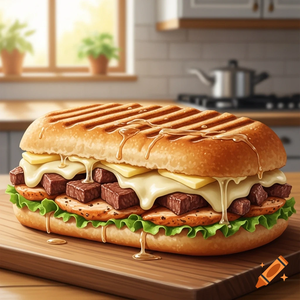 A photorealistic panini with chopped steak, chicken, lettuce, and melted cheese, dripping with sauce, on a wooden board in a kitchen.