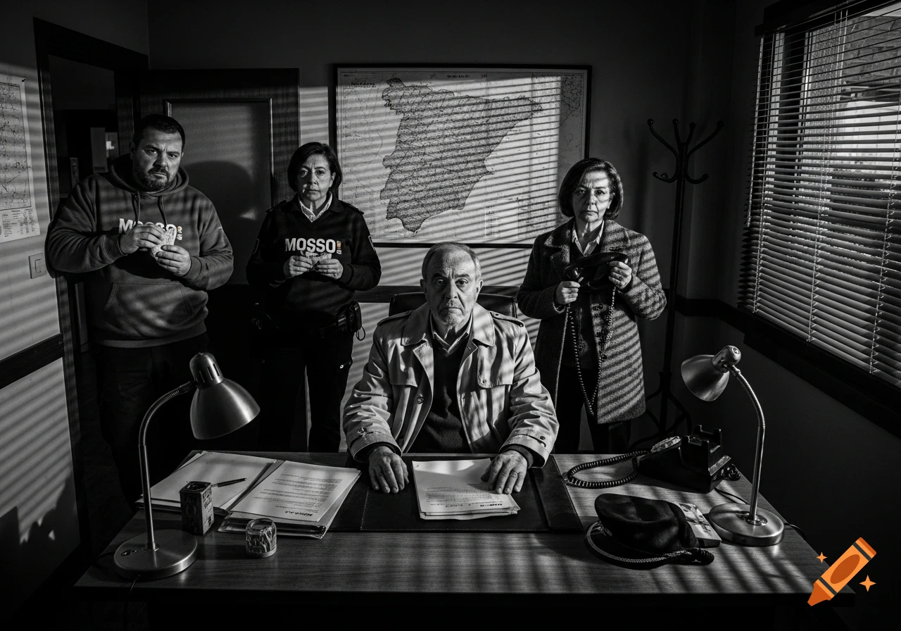 Black and white photo of three stern-faced investigators in a dimly lit office with strong shadows, an older man at a desk and two behind him.