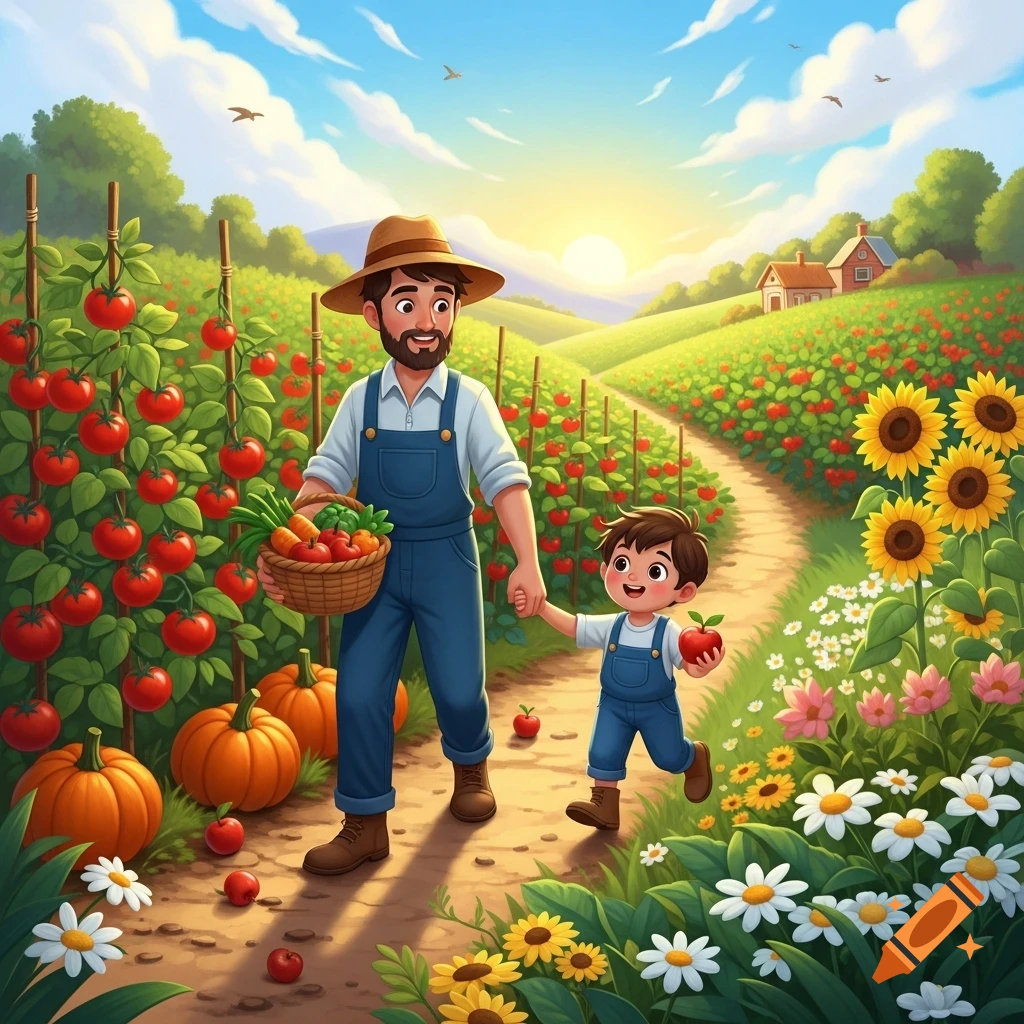 A cheerful farmer and his son walk through a vibrant farm filled with tomatoes, pumpkins, sunflowers, and wildflowers, in a children's book illustration style.