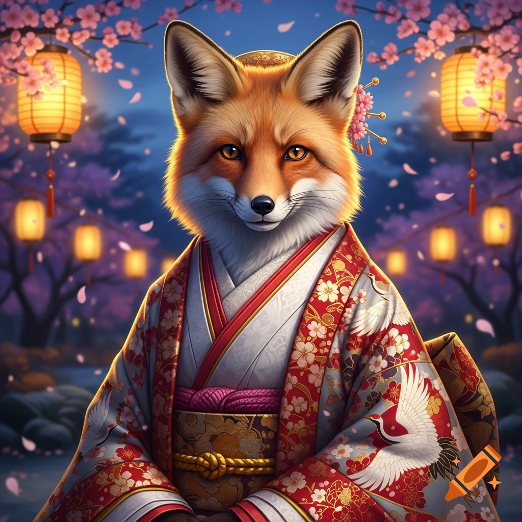 A detailed anthropomorphic fox in a red and white kimono with crane patterns, under cherry blossoms and glowing lanterns at night.