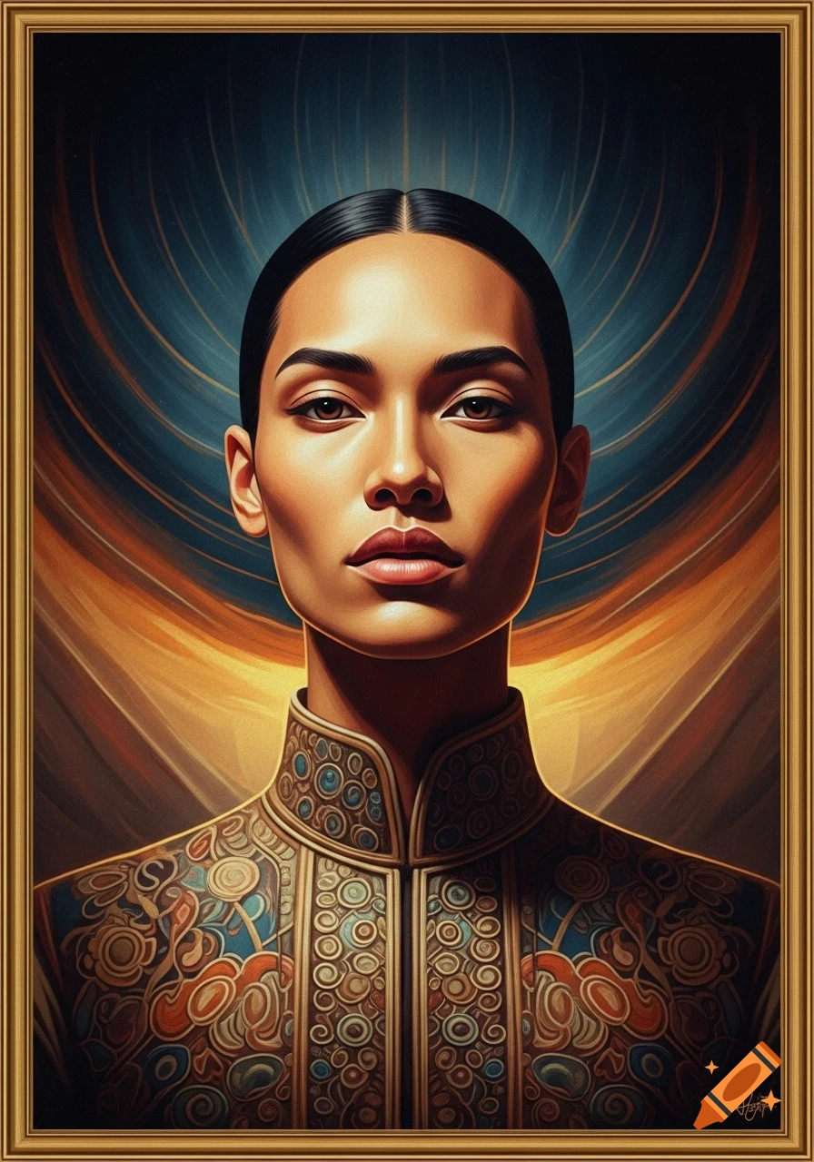 A stylized portrait painting of a woman with dark hair and a patterned high-collared garment, against a swirling blue and orange background.