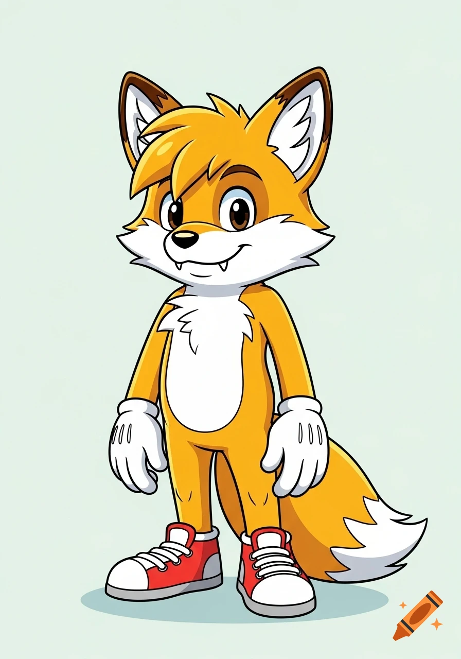 A smiling, anthropomorphic orange fox character with white muzzle and chest, wearing white gloves and red sneakers, standing against a light background.