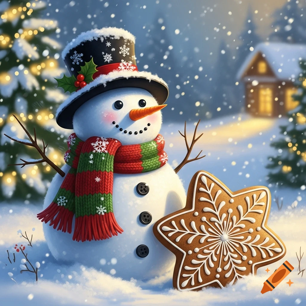 A cheerful snowman with a carrot nose, top hat, and striped scarf stands in a snowy winter scene next to a large gingerbread snowflake cookie, with a cozy cabin and festive evergreen trees in the background.