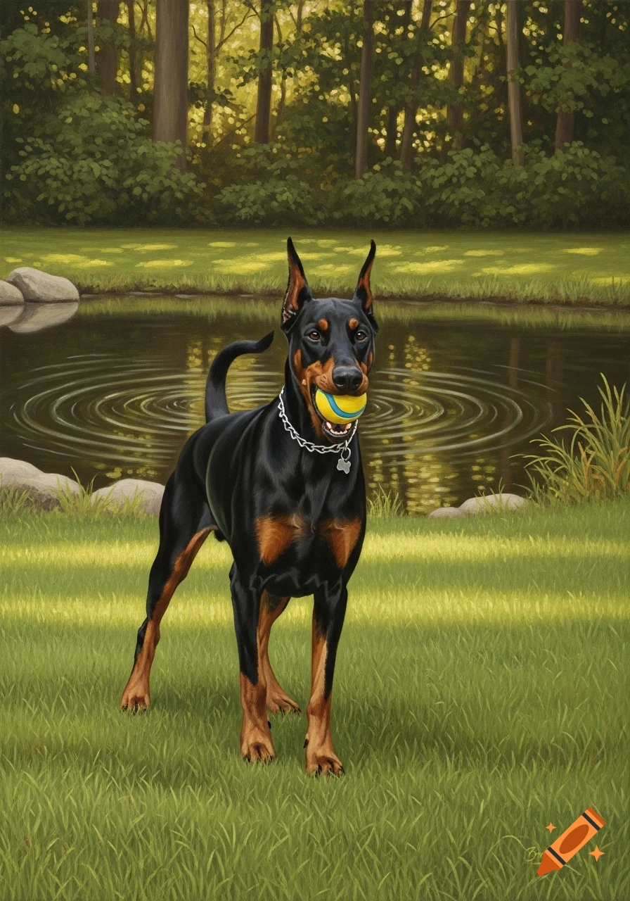 A black and brown Doberman dog holding a yellow ball in its mouth, standing on grass near a pond and forest, in an oil painting.