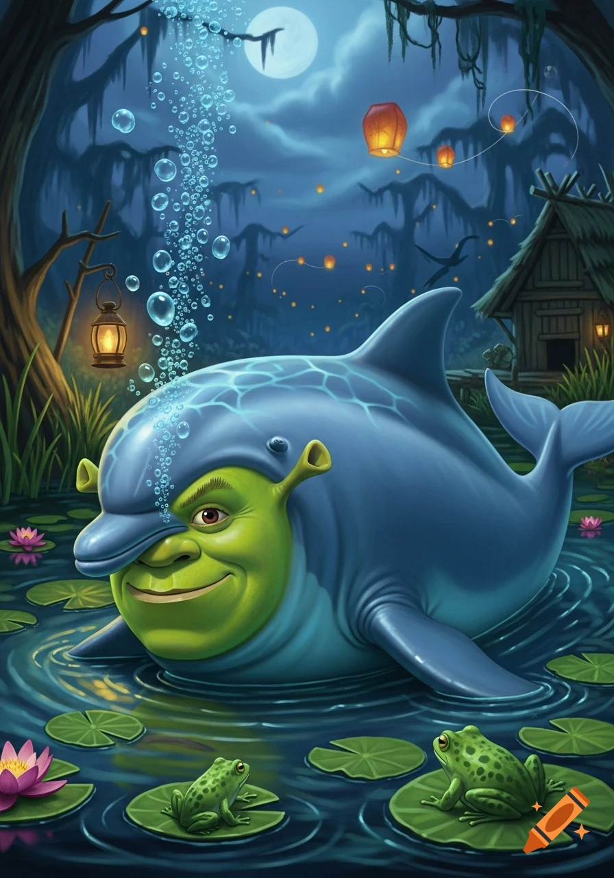 A vibrant illustration of a Shrek-faced dolphin hybrid floating in a dark swamp at night, surrounded by lily pads, frogs, and glowing lanterns.