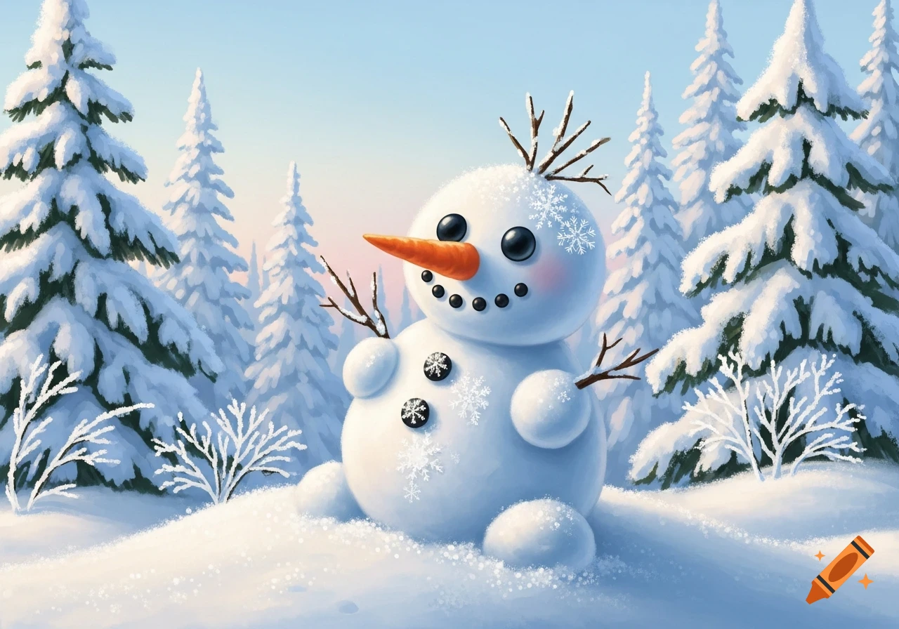 A cute, cartoonish snowman with a carrot nose and branch arms sits in a snowy forest scene with pine trees under a light blue sky.