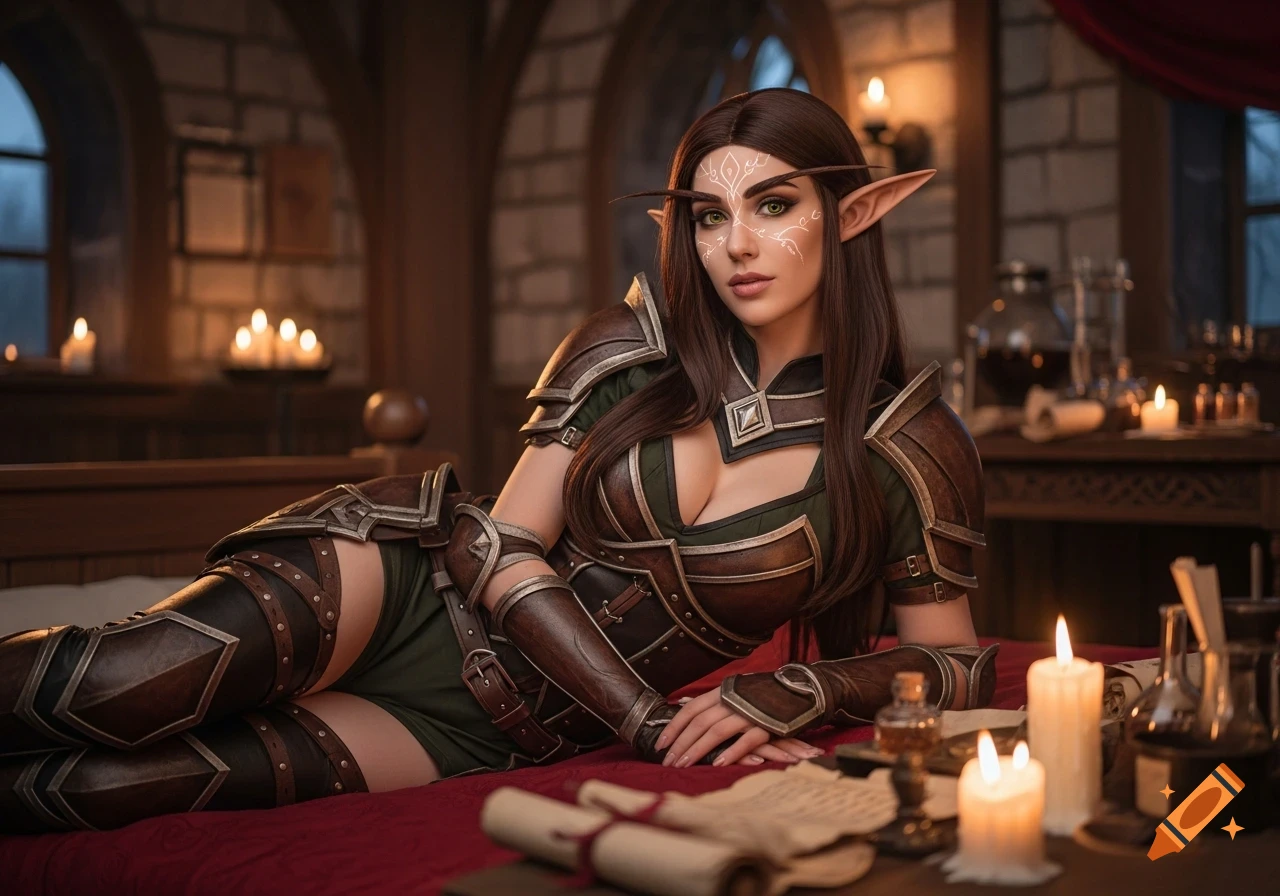 Photorealistic image of a brunette half-elf female in Dungeons and Dragons style armor, resting on a bed in a candlelit tavern room.