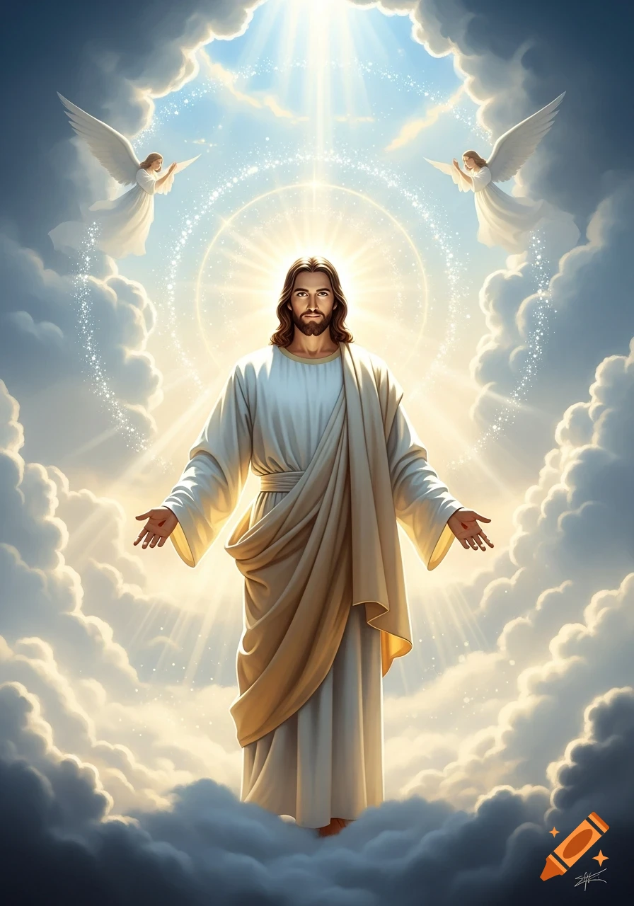 Jesus Christ with open arms stands among glowing clouds with two angels, under a bright sunbeam.