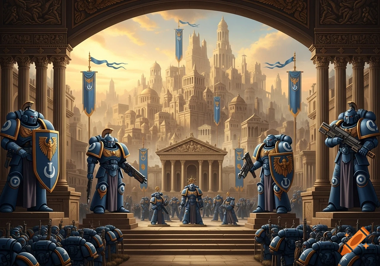 Statues and an army of blue armored space marines stand before a grand Roman-style city under a golden sky.