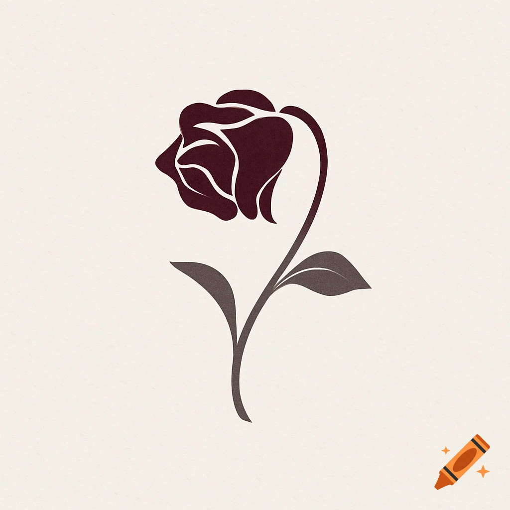 A minimalist dark red and brown stylized wilting rose logo on a light background.