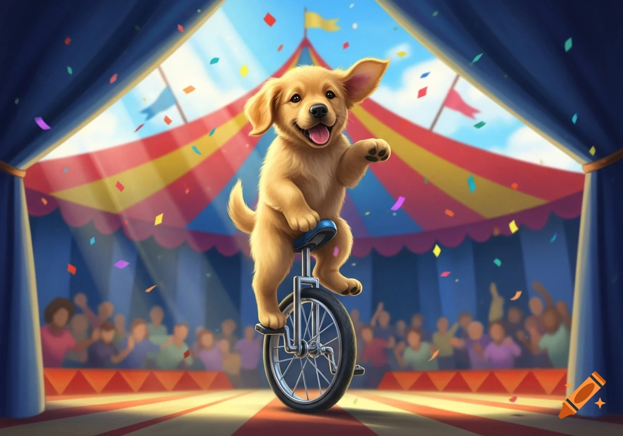 A cute golden retriever puppy balancing on a unicycle under a colorful circus tent with confetti falling.