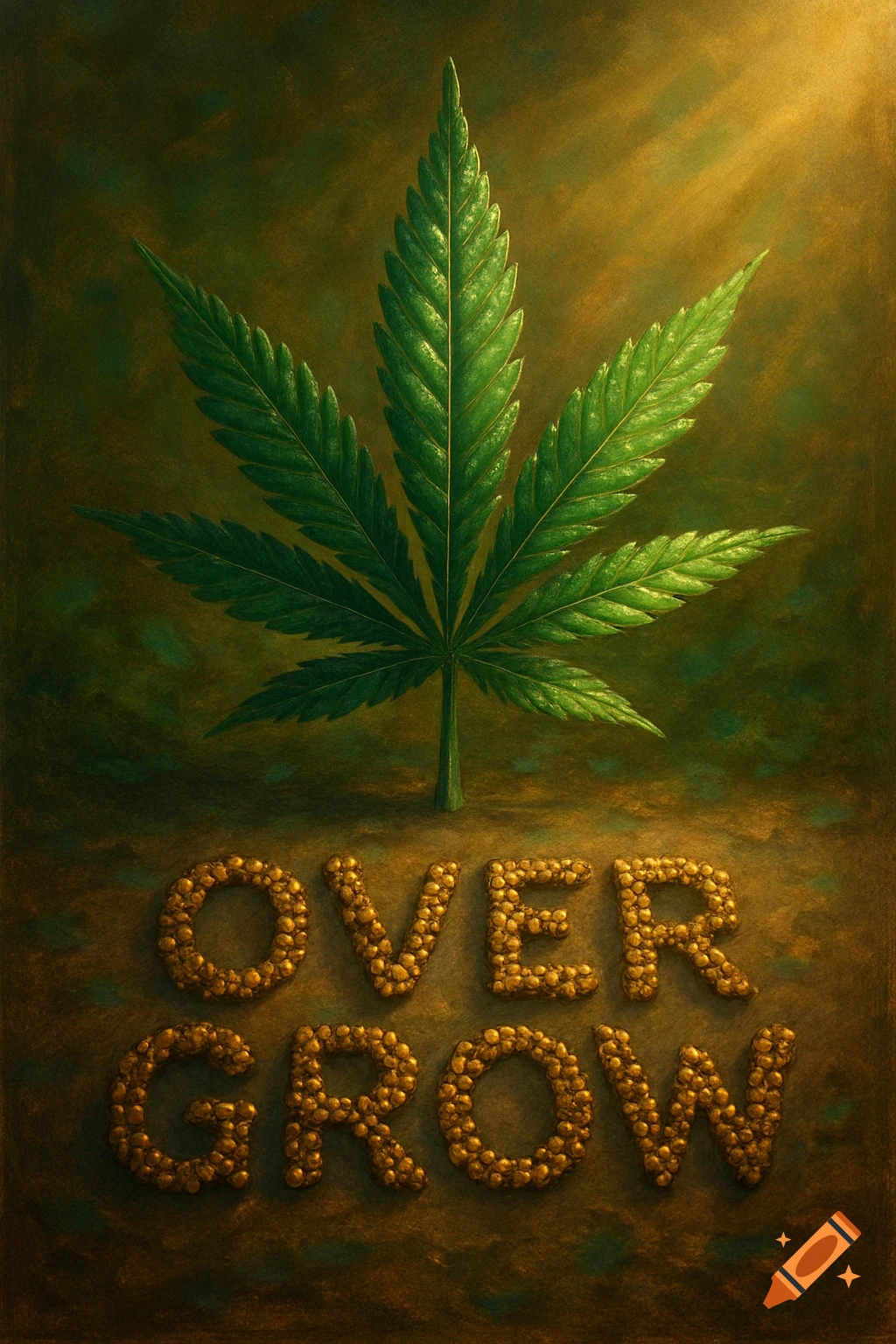 A vibrant green cannabis leaf stands above the words 'OVER GROW' formed by golden cannabis seeds, set against a dark, textured background with soft light rays.