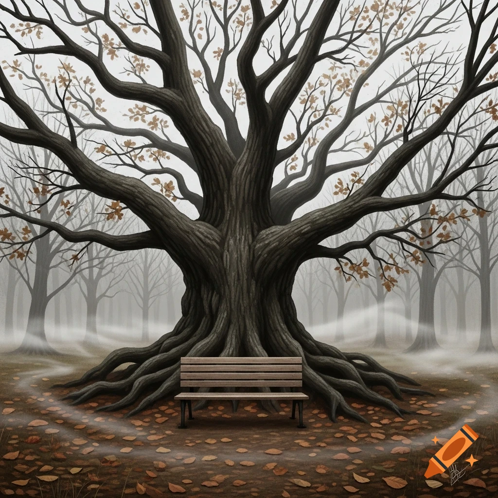 A gnarled tree with exposed roots, a wooden bench, and scattered brown leaves in a misty, gloomy forest.
