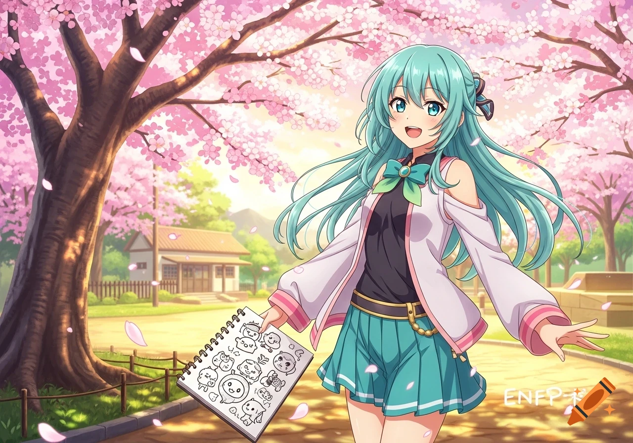 Smiling anime girl with teal hair and a white and teal outfit, holding a sketchbook, walking under pink cherry blossom trees.