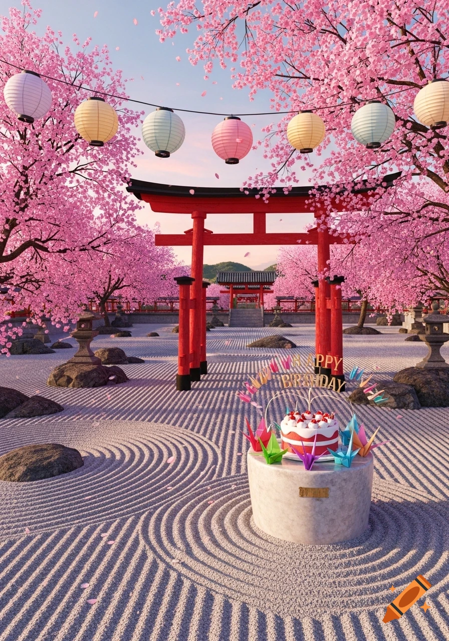 Photorealistic birthday cake with origami cranes in a Japanese garden with cherry blossoms, a red torii gate, and raked sand.