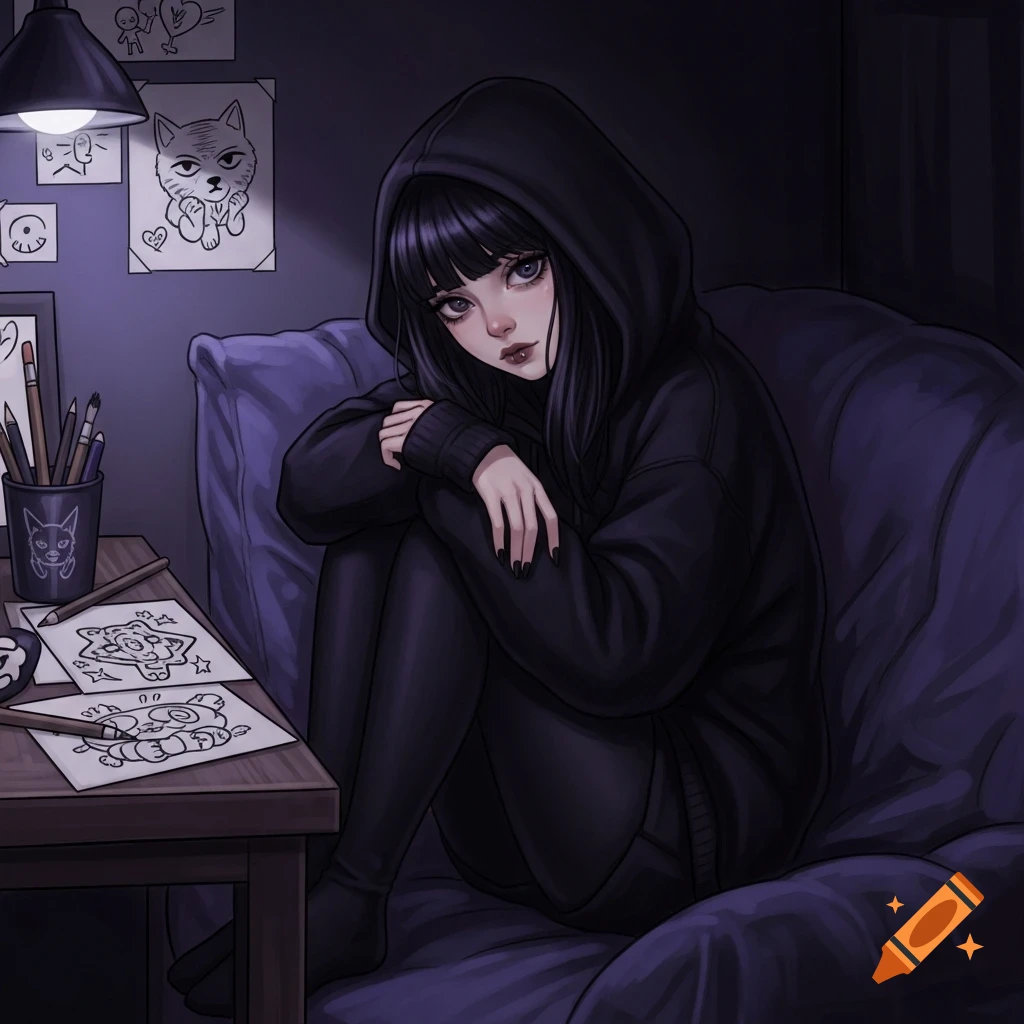 Digital illustration of a goth girl in a black hoodie, sitting on a purple couch next to a table with drawings and pencils in a dimly lit room.