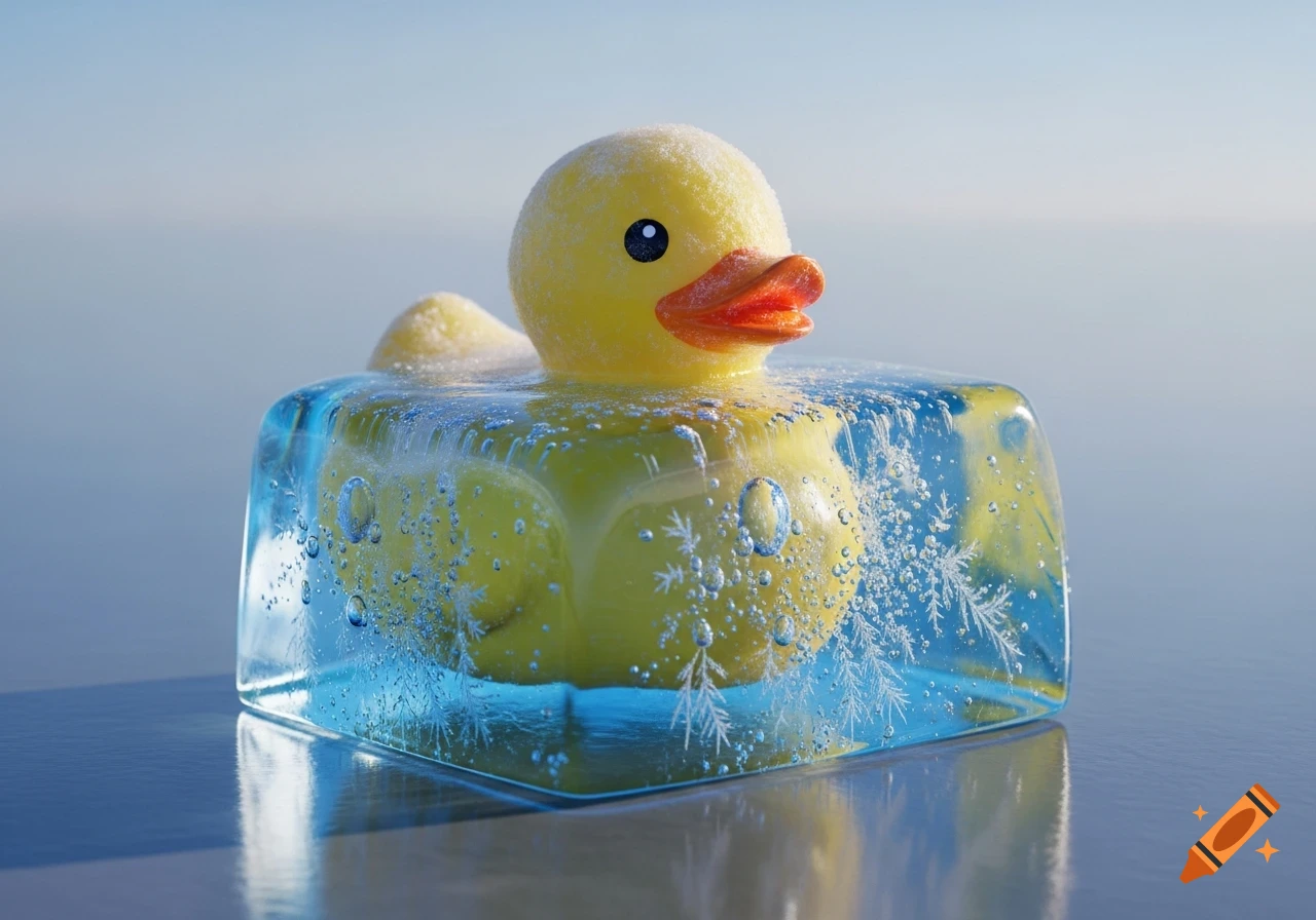 A yellow rubber duck is frozen in a clear ice cube with bubbles and snowflake patterns, set against a blurry blue background, photorealistic.