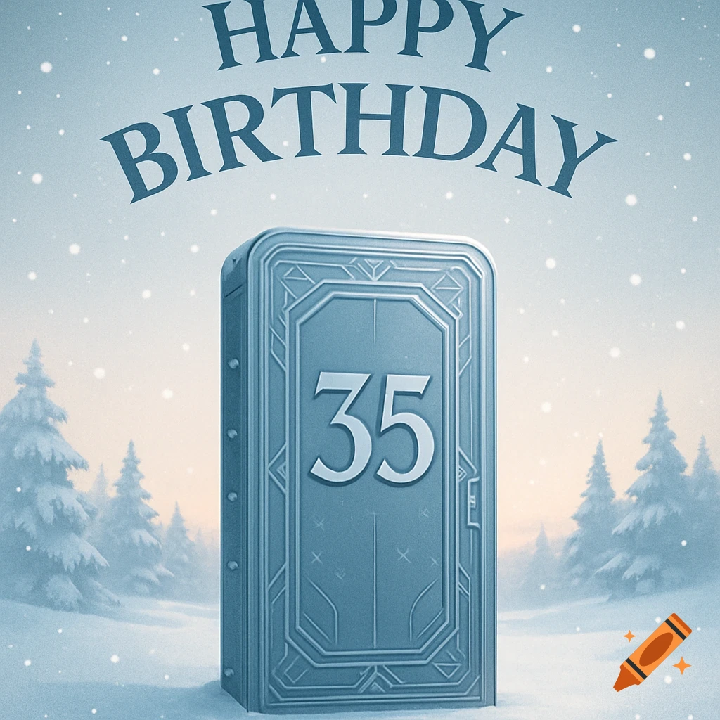 A stylized blue door with the number 35 stands in a snowy winter landscape with pine trees. "HAPPY BIRTHDAY" text arches above.