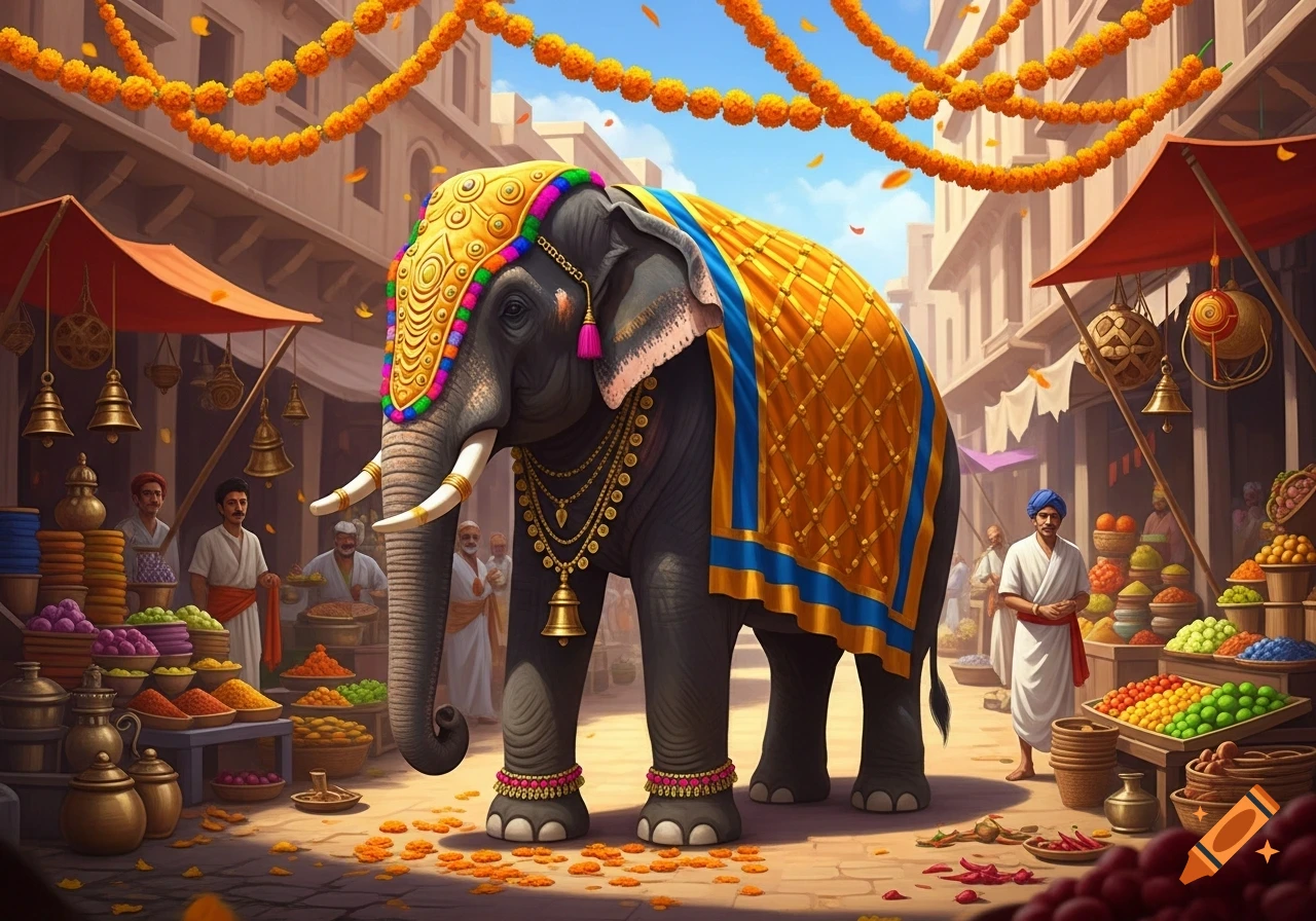 A grand elephant adorned in colorful fabric and gold jewelry stands in a bustling Indian market with vendors and garlands.