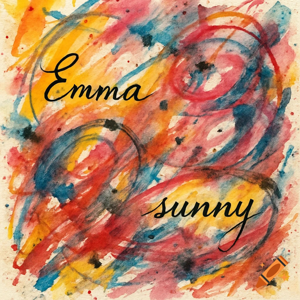 Abstract watercolor painting with chaotic brushstrokes in yellow, red, blue, pink, and black, featuring handwritten words 'Emma' and 'sunny'.
