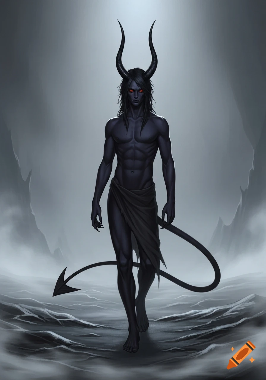 A muscular, dark-skinned demon with long black hair, red eyes, curved horns, and a tail, walks through a misty, dark fantasy landscape.