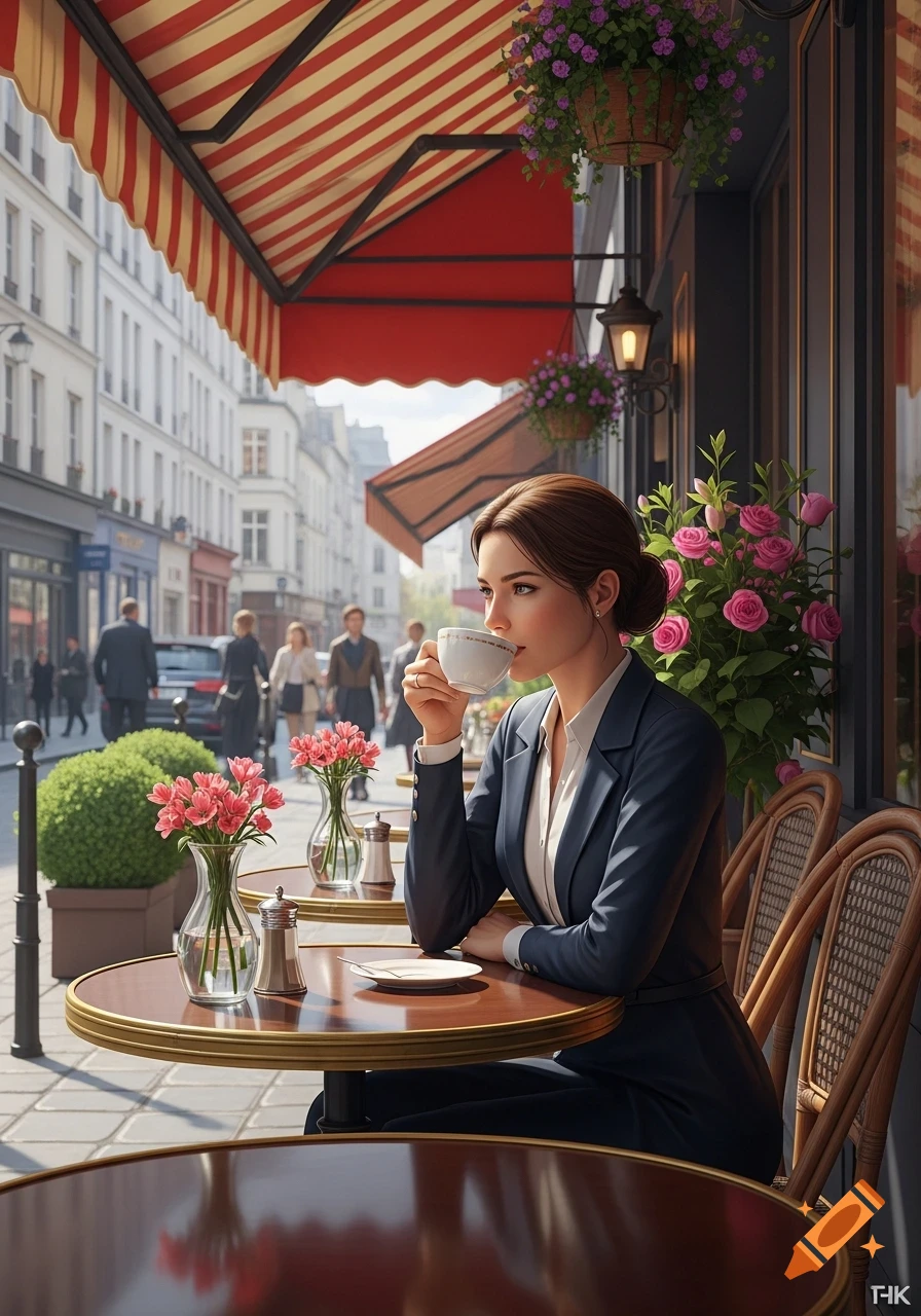 Photorealistic image of a woman in a suit drinking coffee at an outdoor cafe on a bustling European city street.