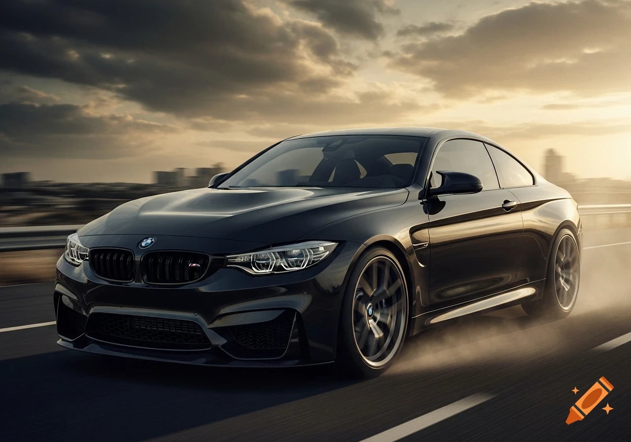 A dark grey BMW M4 sports coupe speeds on a highway at sunset, kicking up dust.