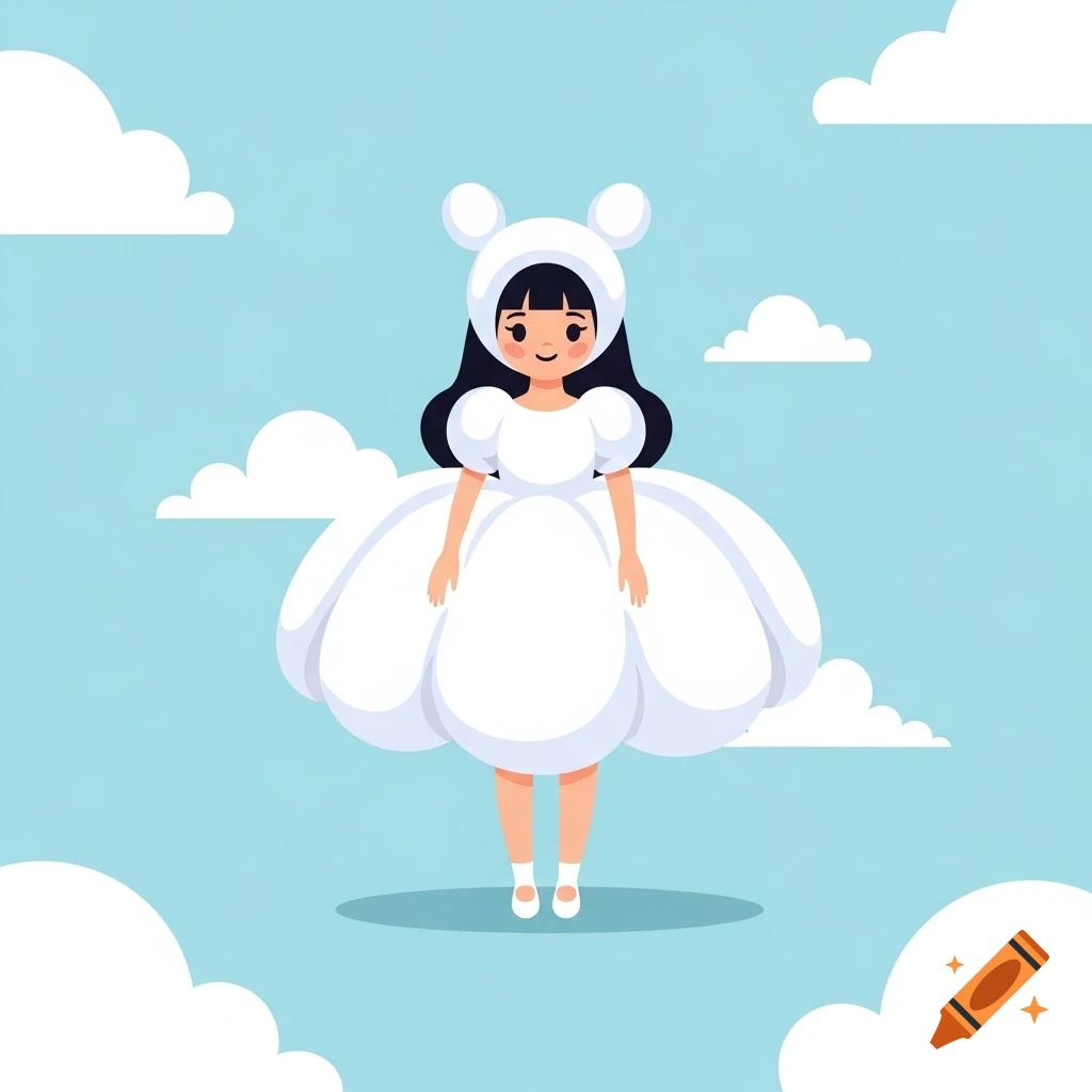 A cartoon girl with black hair and a white cloud-like dress and hat, floating in a light blue sky with white clouds.