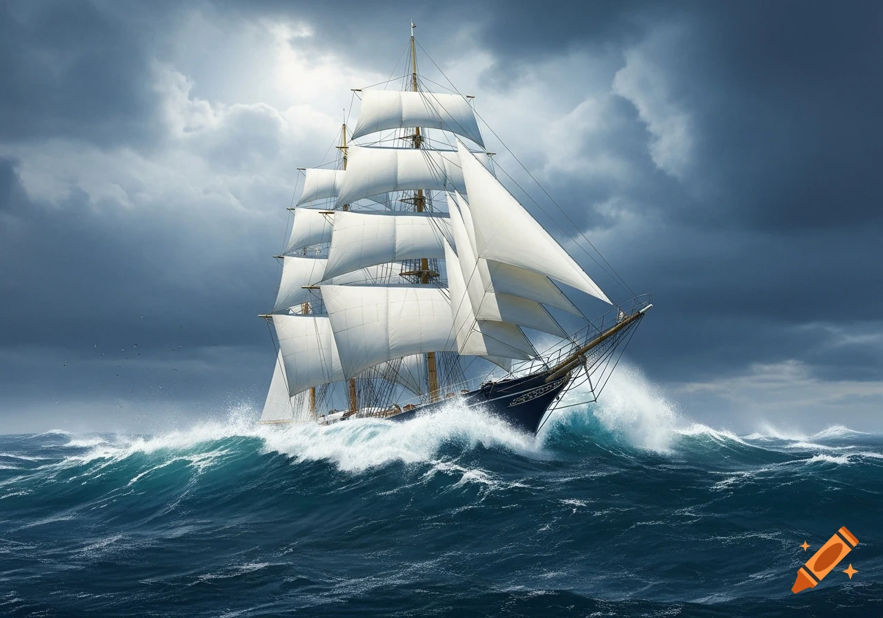 A majestic sailing ship with full white sails navigates through rough, crashing waves under a dramatic, cloudy sky.