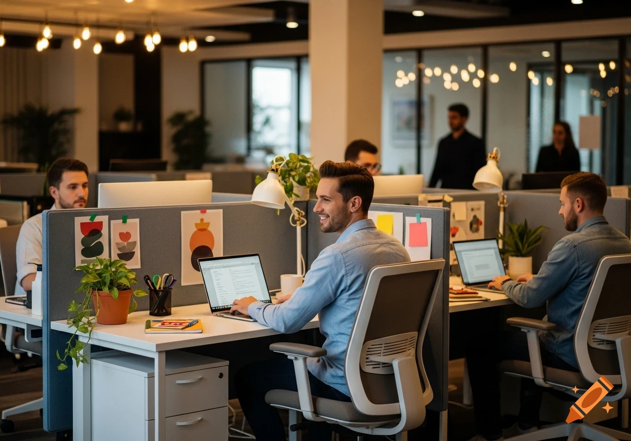 Photorealistic image of men working on laptops in cubicles within a modern office.