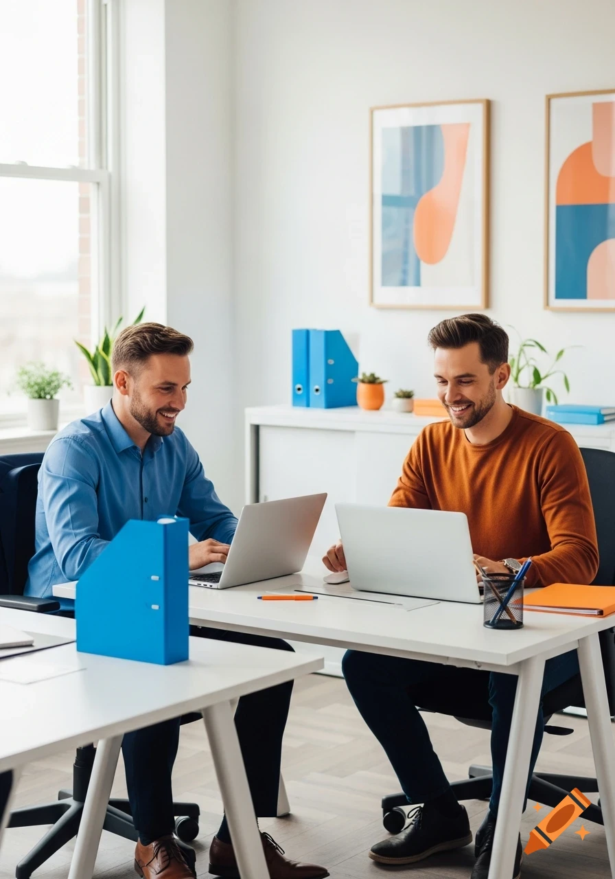 Two smiling male colleagues work on laptops in a bright, modern office.