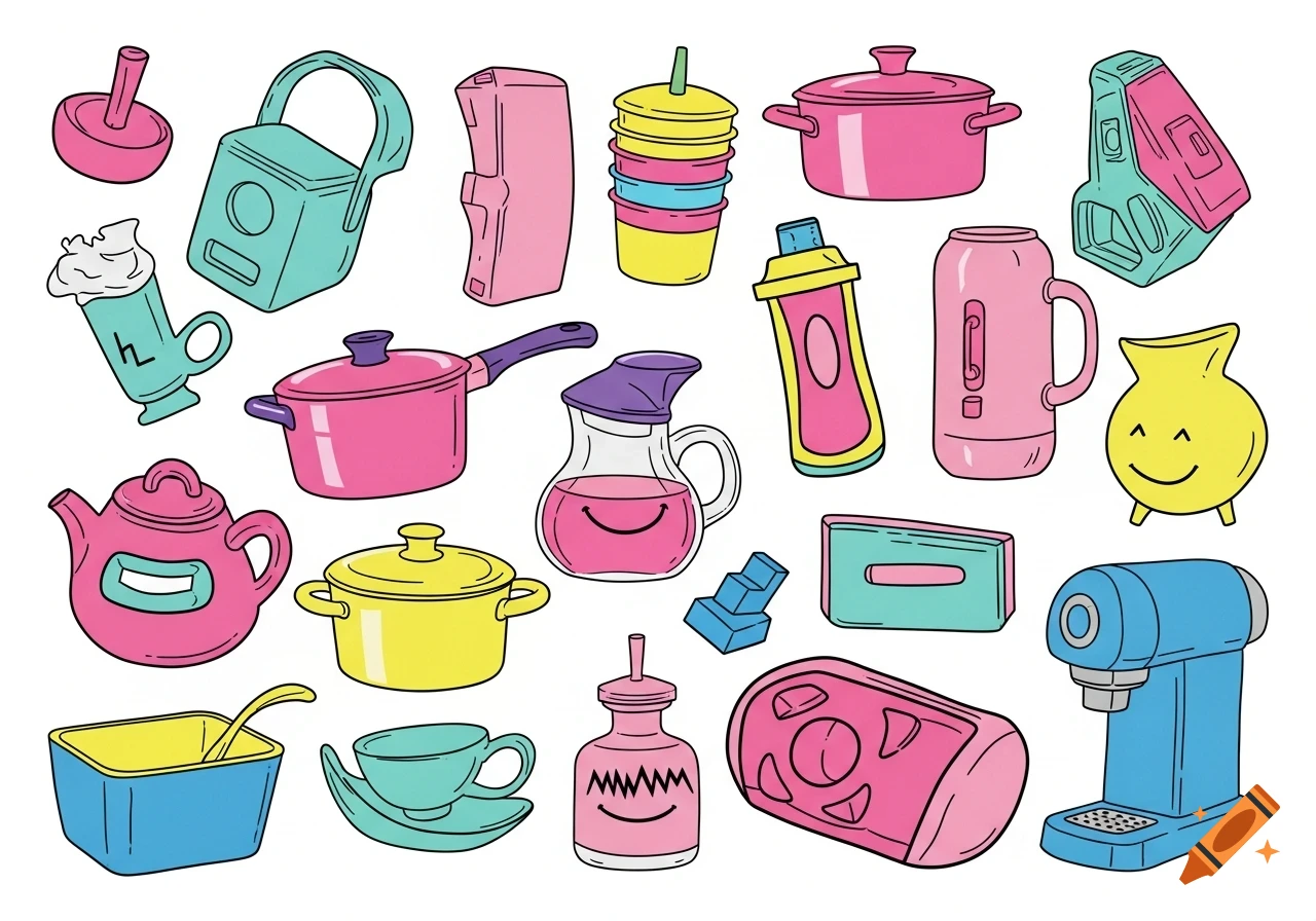 A colorful, cartoon-style collection of various kitchen and everyday objects, including pots, cups, pitchers, and utensils, on a white background.