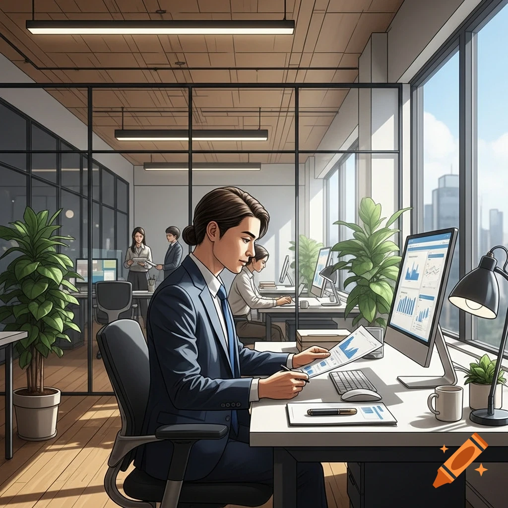 A man in a suit works at a desk in a modern office, reviewing documents with charts on his computer screen.