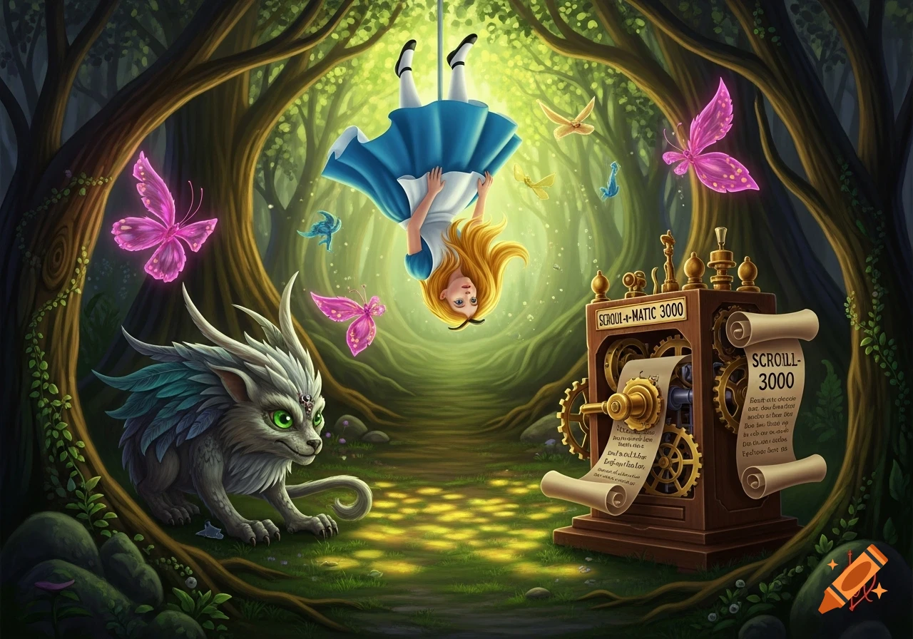 Alice in Wonderland hangs upside down by a mythical creature and a 'Scroll-O-Matic 3000' machine in an enchanted forest, illustrated in a whimsical, colorful style.