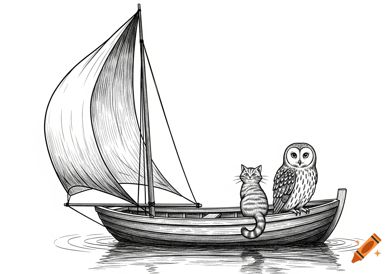 A black and white sketch of an owl and a striped cat in a sailboat on water.