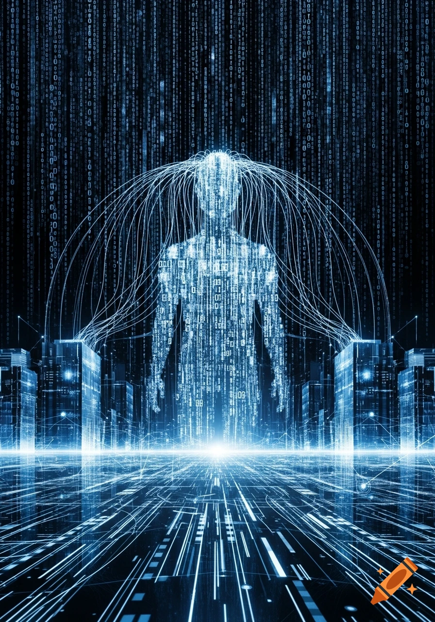 A glowing blue humanoid figure made of binary code connected to a digital city, with cascading binary rain in a dark cybernetic landscape.