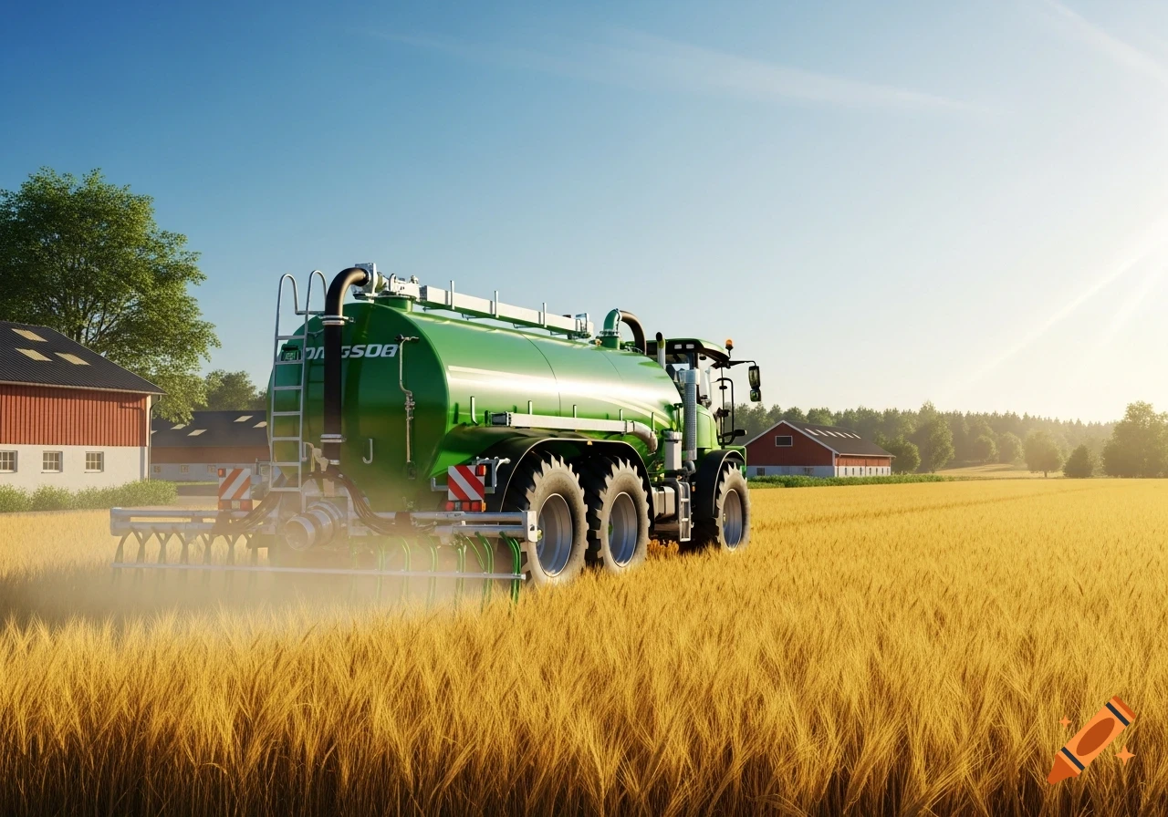 A photorealistic green farm tanker drives through a golden wheat field with red barns and trees under a clear blue sky.