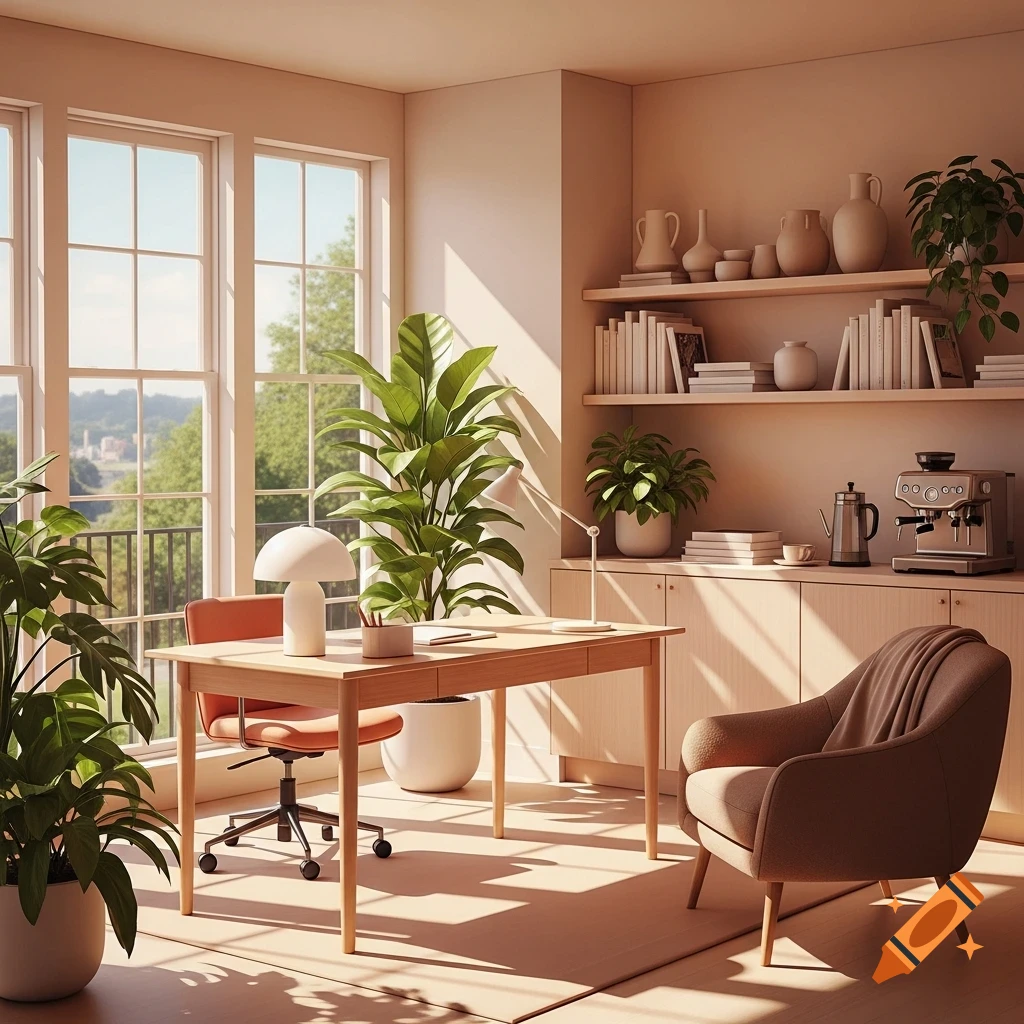 A bright, modern home office with large windows, numerous potted plants, a wooden desk and chair, bookshelves, and a cozy armchair.