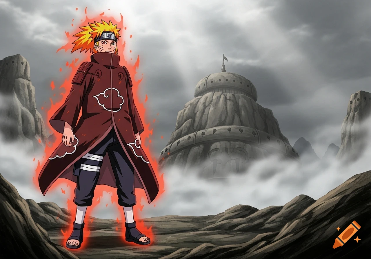 An anime character resembling Naruto, with spiky yellow hair and a red glowing aura, stands in a desolate landscape with a large rock formation.